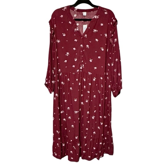 OLD NAVY Burgundy Ditsy Floral Button Front Ruffled Shoulder Midi Length Dress - Picture 1 of 9